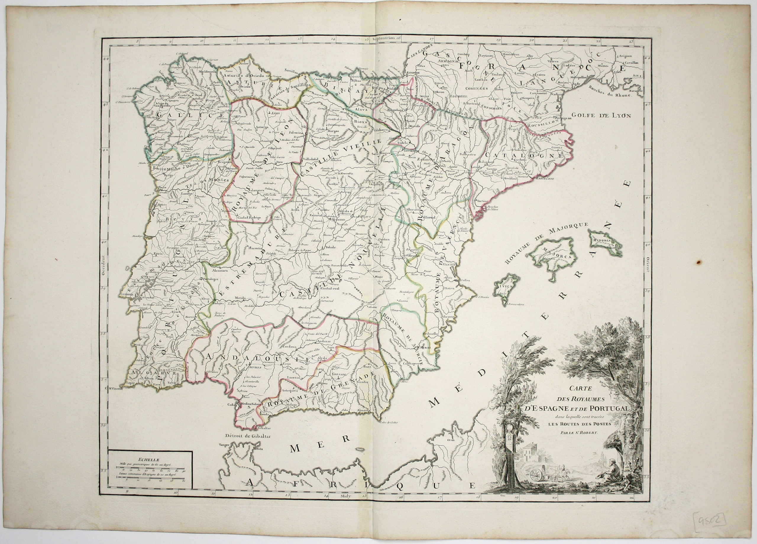 Robert de Vaugondy’s Map of Spain & Portugal, Showing Roads