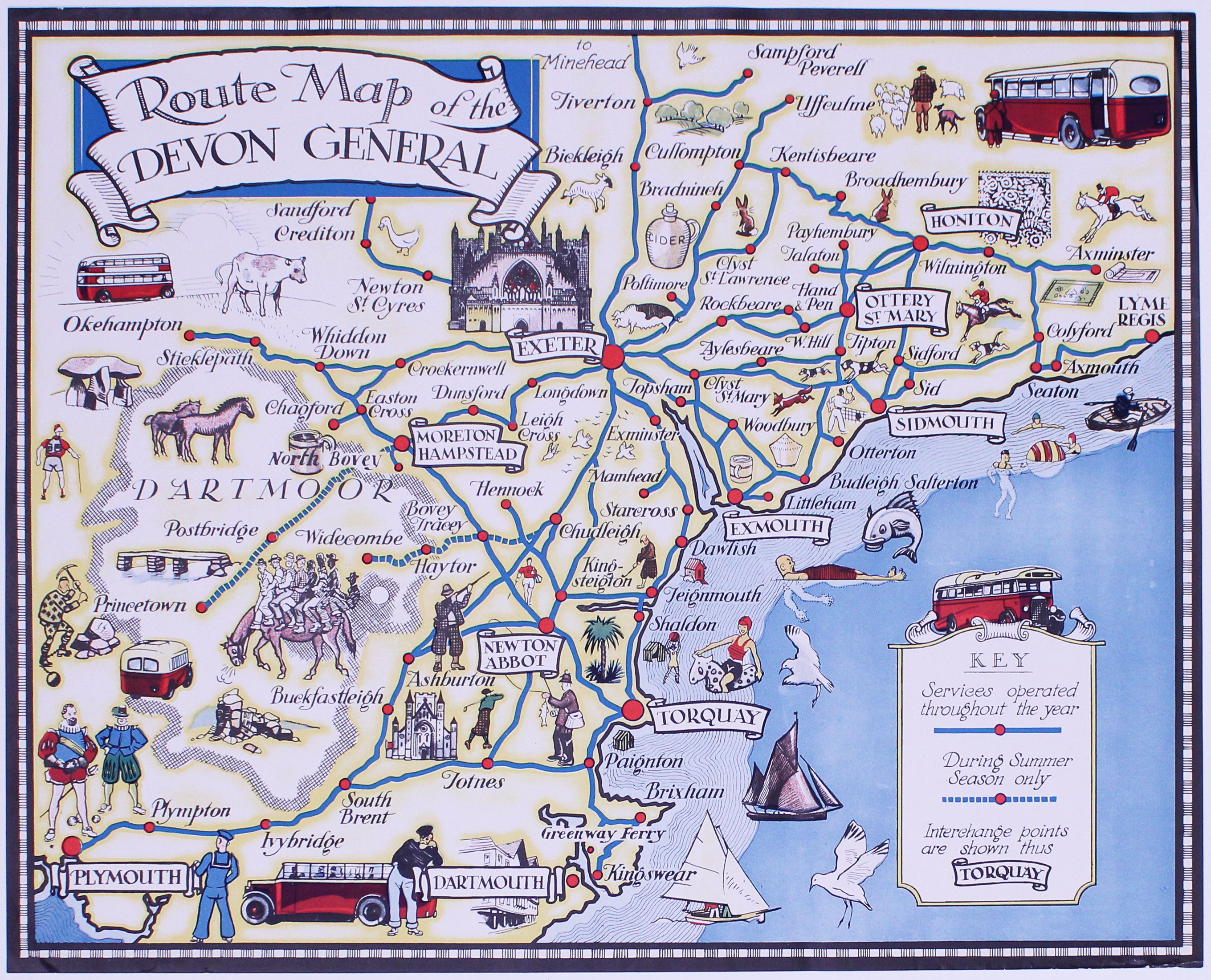 Shebbear Map Pictorial Route Map of the Devon General — Bryars & Bryars
