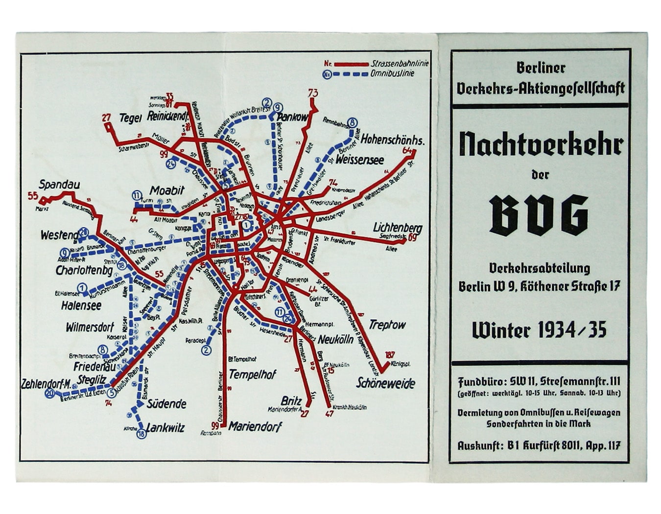 BVG 1934 Berlin Night Tram & Bus Map