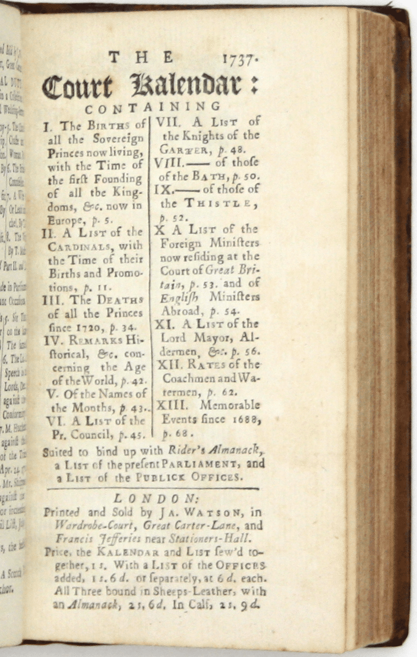 Rider’s Almanac, 1737